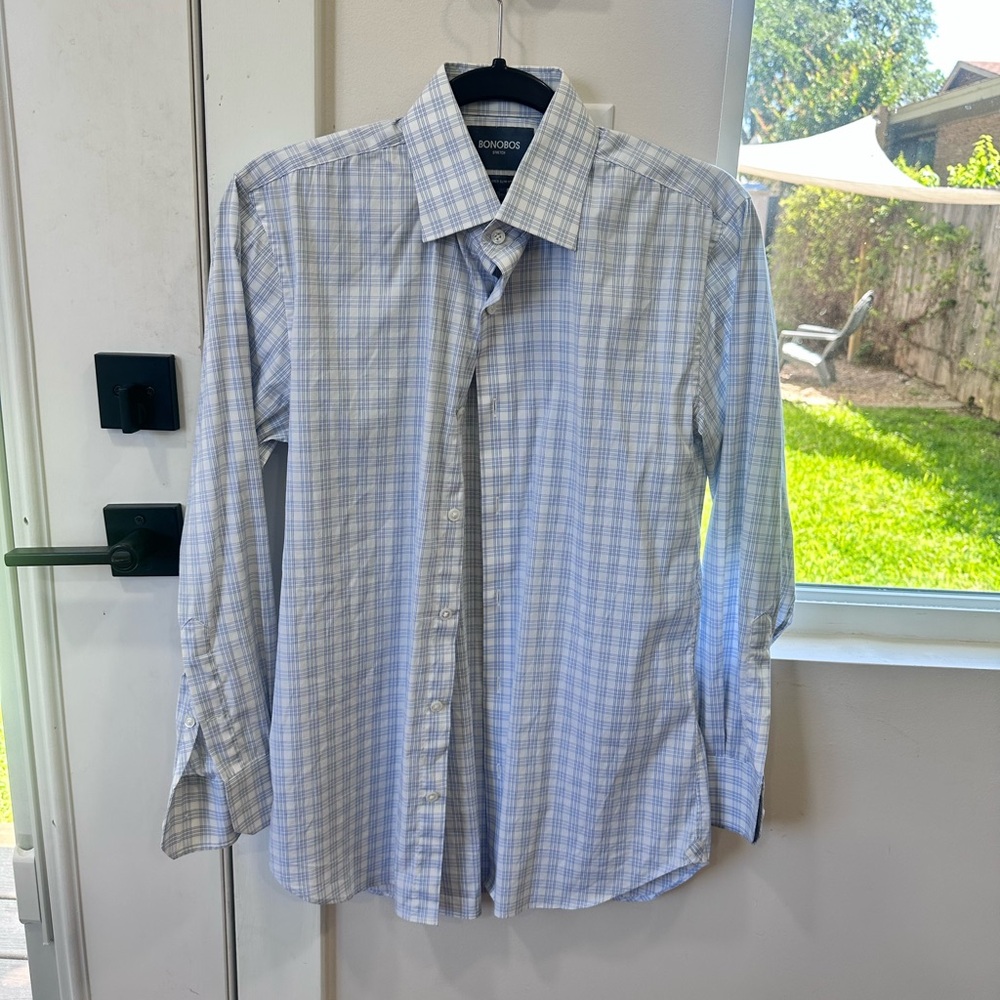 Bonobos Men's Jet Setter Light Blue Checkered Shirt 15x32 slim fit